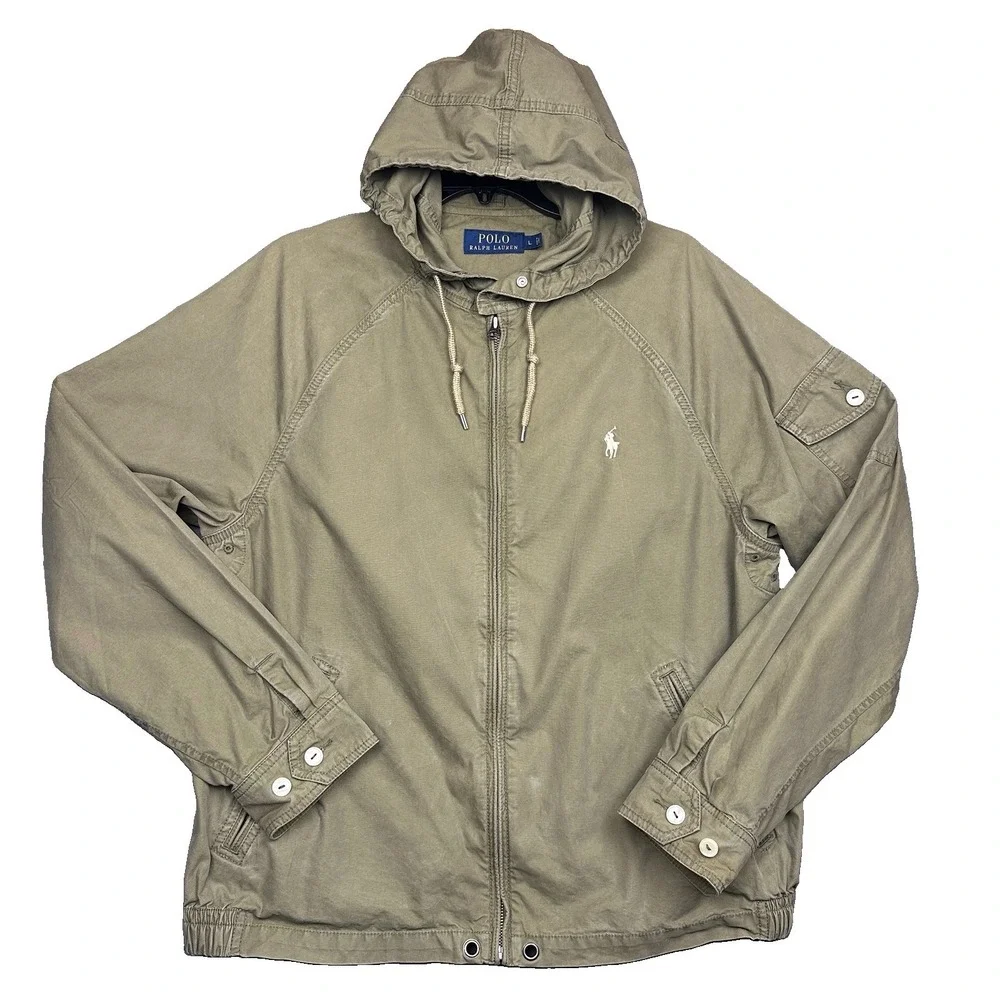 Polo Ralph Lauren Utility Jacket Mens Large Army Green Hooded Full Zip Pony Logo